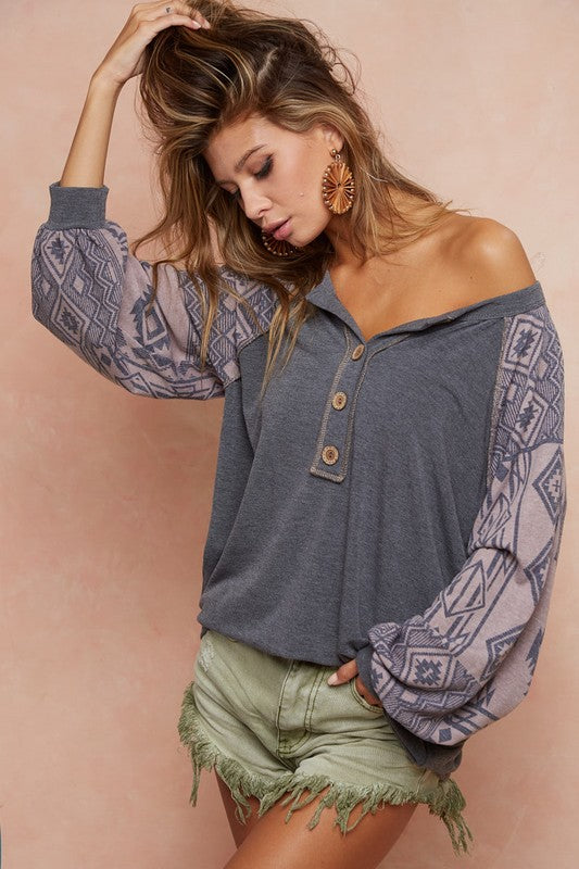 French Terry Sleeved Button Henley