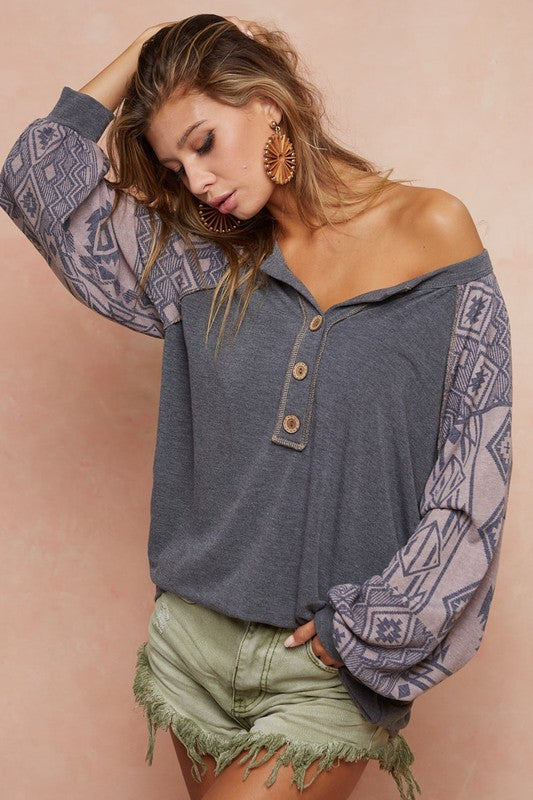 French Terry Sleeved Button Henley